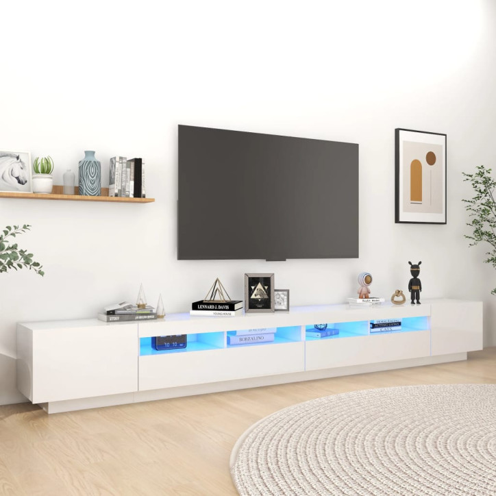 TV spintelė su LED apšvietimu, balta, 300x35x40cm, blizgi