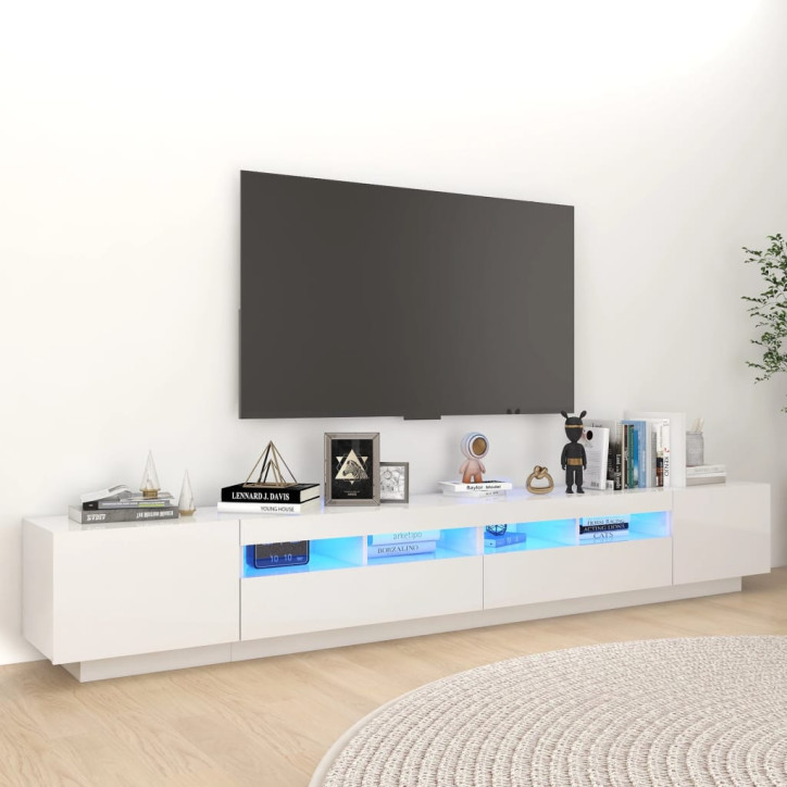 TV spintelė su LED apšvietimu, balta, 260x35x40cm, blizgi