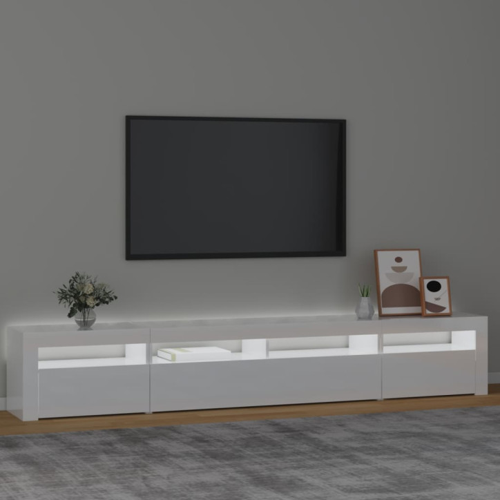 TV spintelė su LED apšvietimu, balta, 240x35x40cm, blizgi