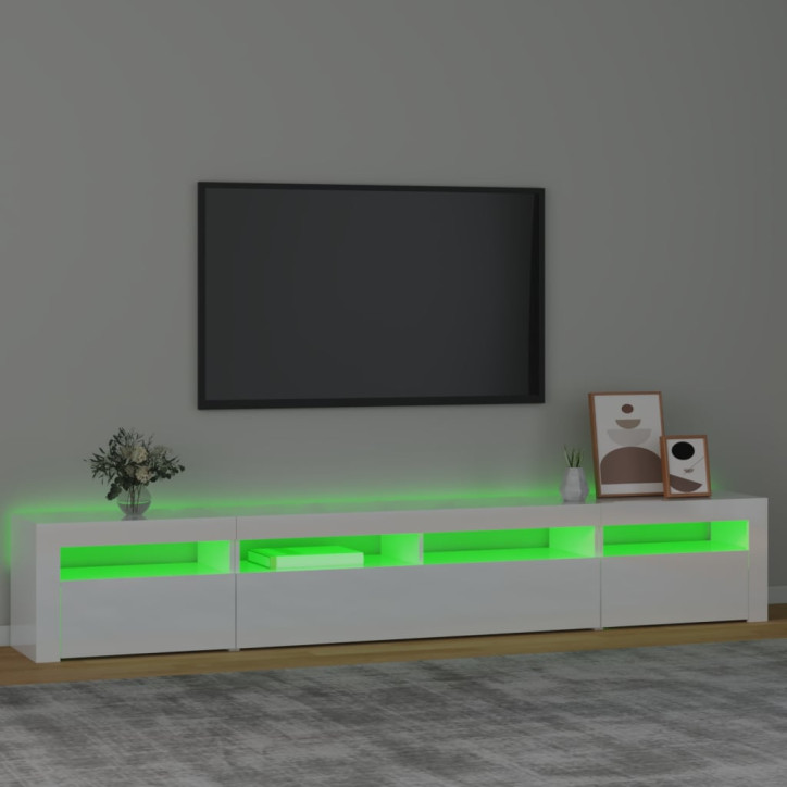 TV spintelė su LED apšvietimu, balta, 240x35x40cm, blizgi