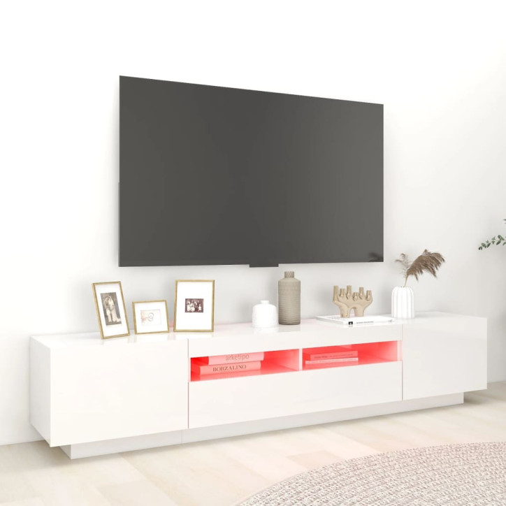 TV spintelė su LED apšvietimu, balta, 200x35x40cm, blizgi