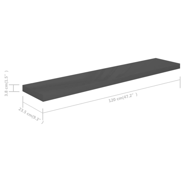 Pakabinamos lentynos, 4vnt., pilkos, 120x23,5x3,8cm, MDF