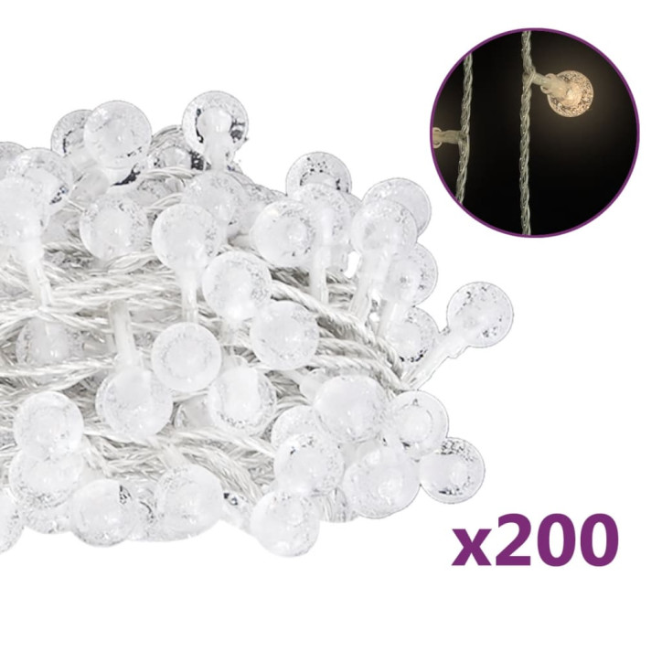 Rutuliukų girlianda, 20m, 200 šiltų baltų LED, 8 funkcijos