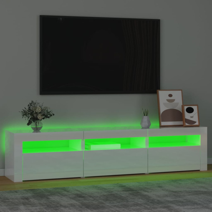 TV spintelė su LED apšvietimu, balta, 180x35x40cm, blizgi