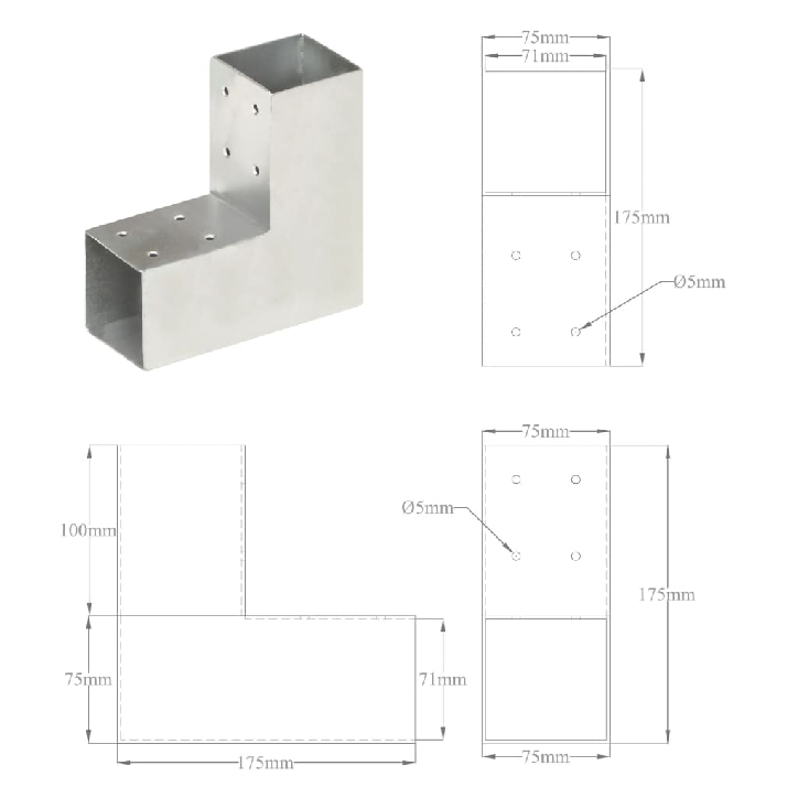 Stulpo sujungimas, 71x71mm, galvanizuotas metalas, L formos