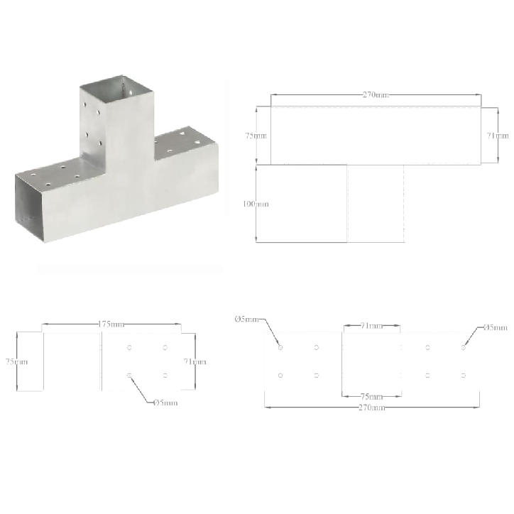 Stulpo sujungimas, 71x71mm, galvanizuotas metalas, T formos