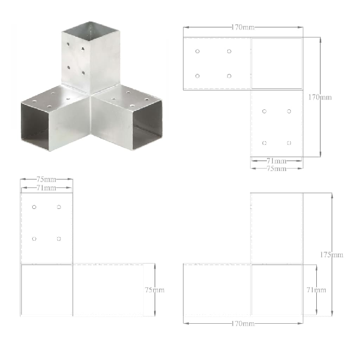 Stulpo sujungimas, 71x71mm, galvanizuotas metalas, Y formos