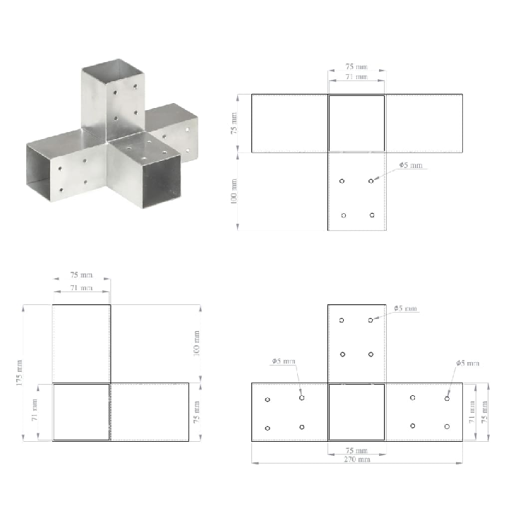 Stulpo sujungimas, 71x71mm, galvanizuotas metalas, X formos