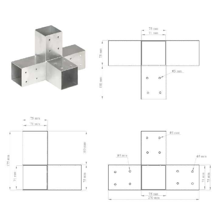 Stulpų sujungimai, 4vnt., 71x71mm, metalas, X formos