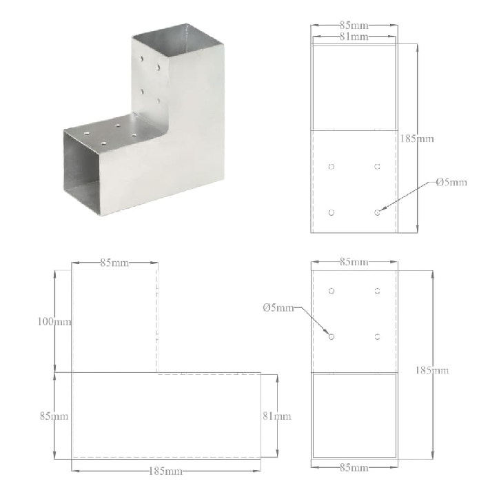 Stulpų sujungimai, 4vnt., 81x81mm, metalas, L formos