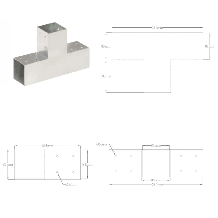 Stulpų sujungimai, 4vnt., 81x81mm, metalas, T formos