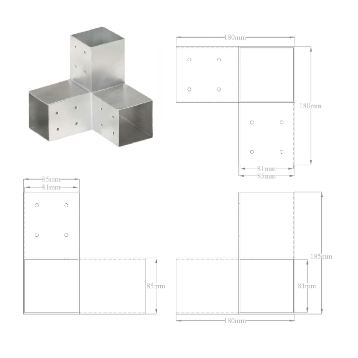 Stulpo sujungimas, 81x81mm, galvanizuotas metalas, Y formos