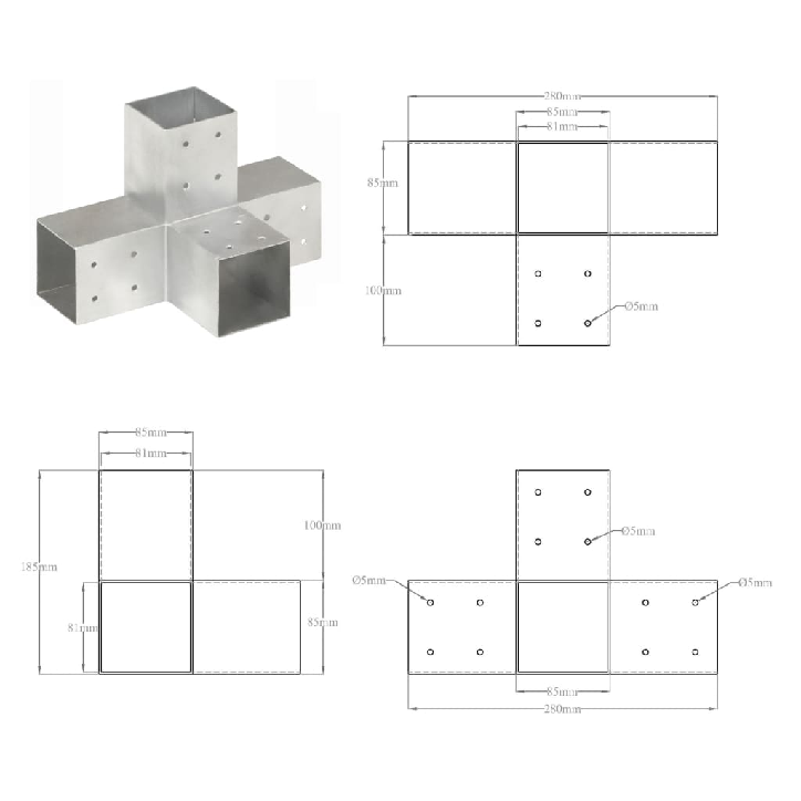 Stulpų sujungimai, 4vnt., 81x81mm, metalas, X formos