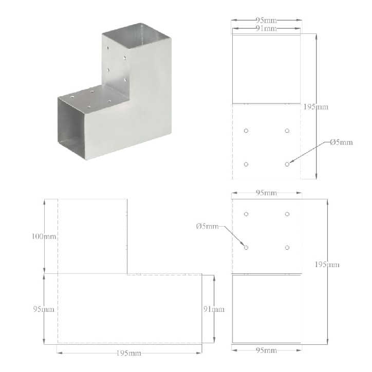 Stulpų sujungimai, 4vnt., 91x91mm, metalas, L formos