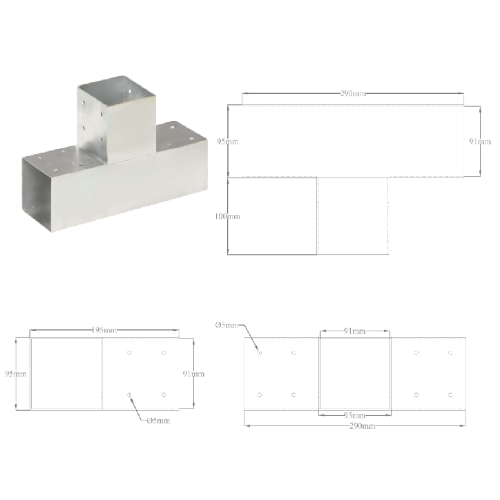 Stulpo sujungimas, 91x91mm, galvanizuotas metalas, T formos