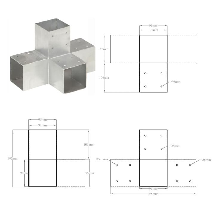 Stulpo sujungimas, 91x91mm, galvanizuotas metalas, X formos