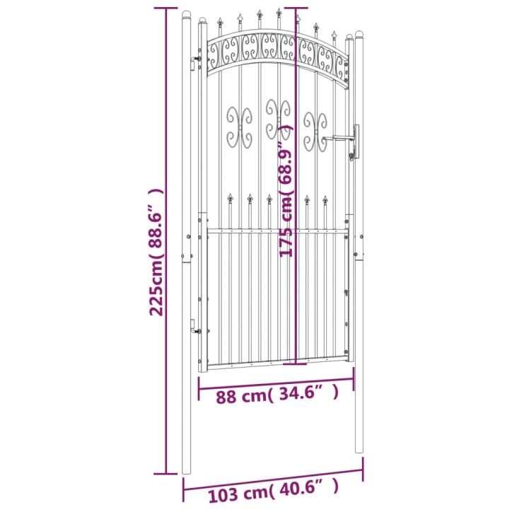 Vartai su smailiomis viršūnėmis, juodi, 103x225cm, plienas