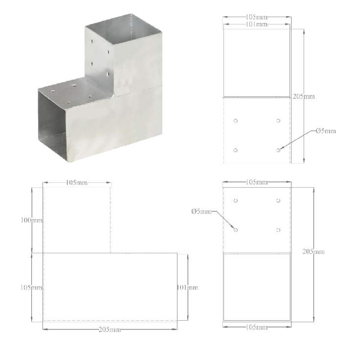 Stulpų sujungimai, 4vnt., 101x101mm, metalas, L formos