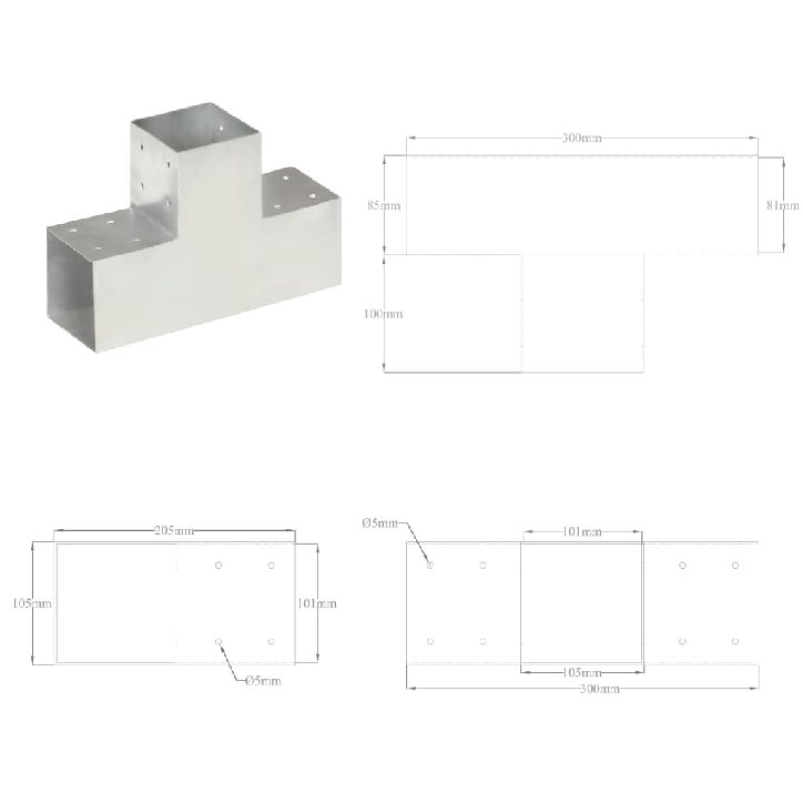 Stulpų sujungimai, 4vnt., 101x101mm, metalas, T formos