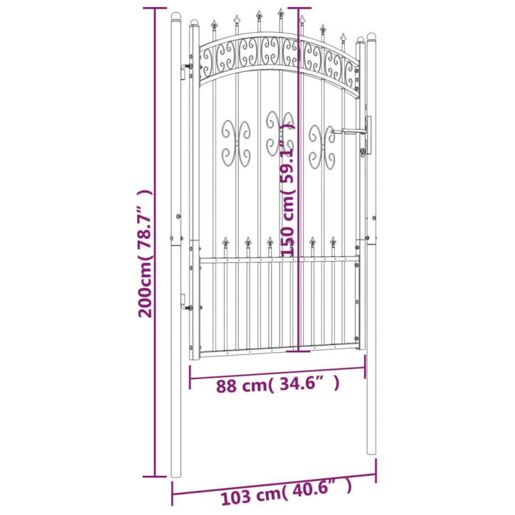 Vartai su smailiomis viršūnėmis, juodi, 103x200cm, plienas