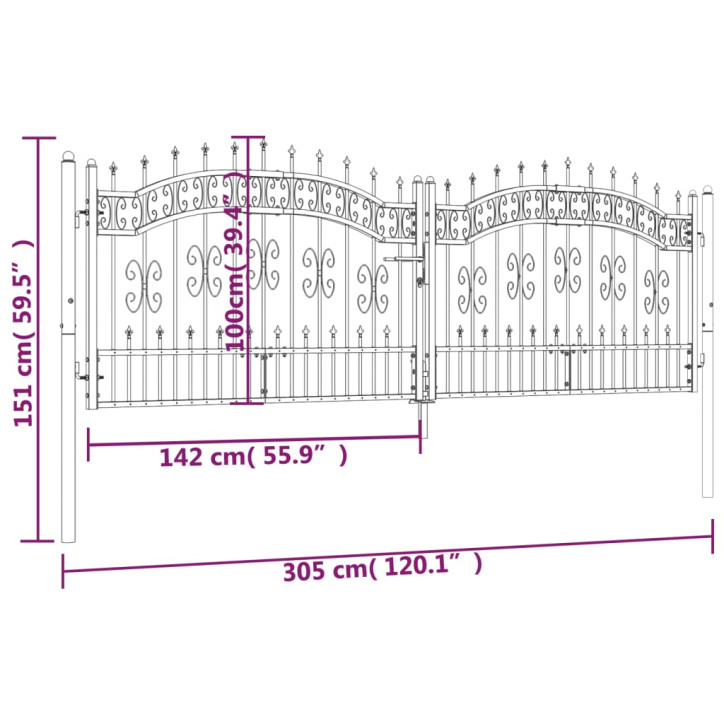 Vartai su smailiomis viršūnėmis, juodi, 305x151cm, plienas