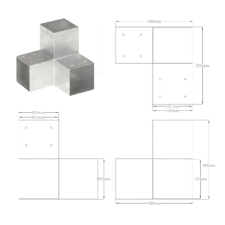 Stulpų sujungimai, 4vnt., 101x101mm, metalas, Y formos