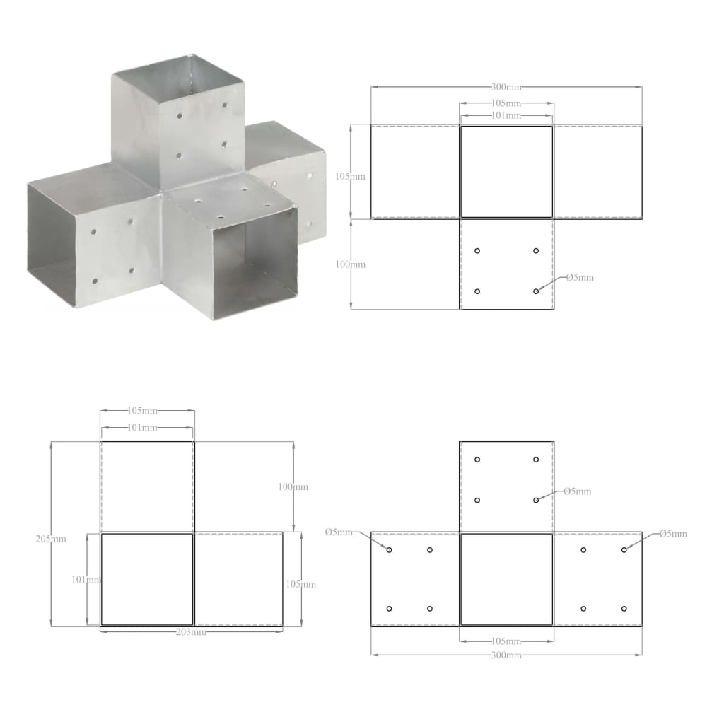 Stulpo sujungimas, 101x101mm, galvanizuotas metalas, X formos