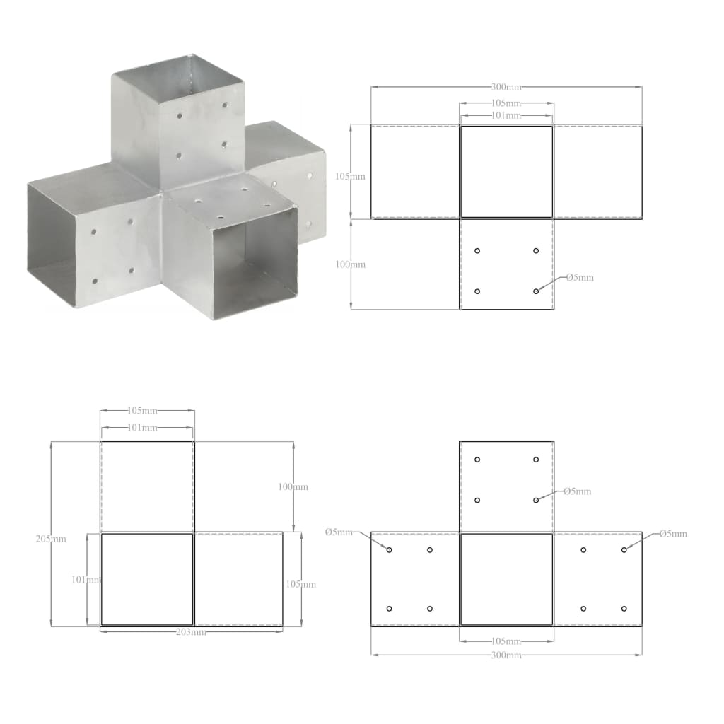 Stulpų sujungimai, 4vnt., 101x101mm, metalas, X formos