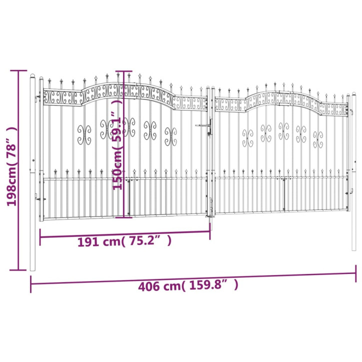 Vartai su smailiomis viršūnėmis, juodi, 406x198cm, plienas