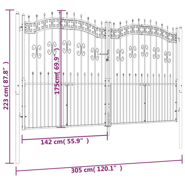 Vartai su smailiomis viršūnėmis, juodi, 305x223cm, plienas