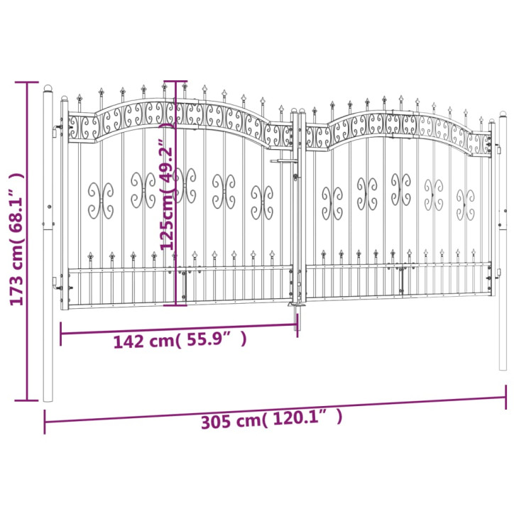 Vartai su smailiomis viršūnėmis, juodi, 305x173cm, plienas