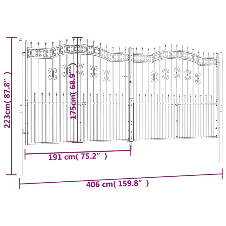 Vartai su smailiomis viršūnėmis, juodi, 406x223cm, plienas
