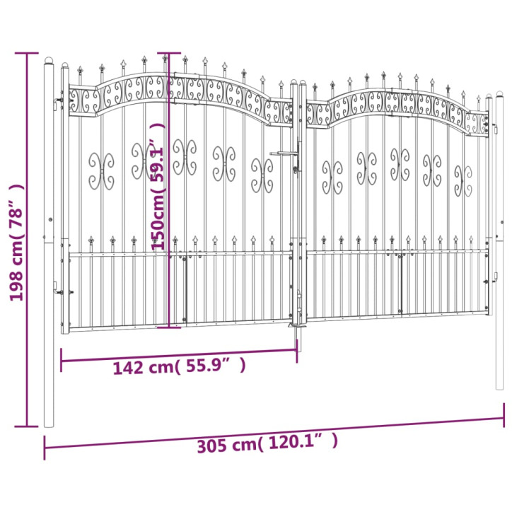 Vartai su smailiomis viršūnėmis, juodi, 305x198cm, plienas