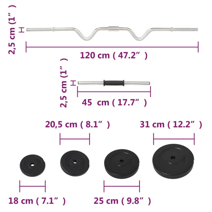 Lenkta štanga ir svarmenys su svoriais, 60kg