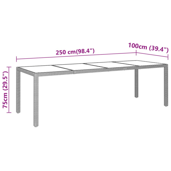 Sodo stalas, juodas, 250x100x75cm, stiklas ir poliratanas