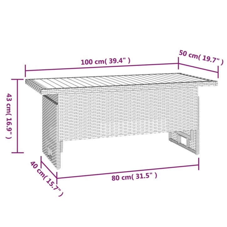 Sodo stalas, juodas, 100x50x43/63cm, akacija ir poliratanas