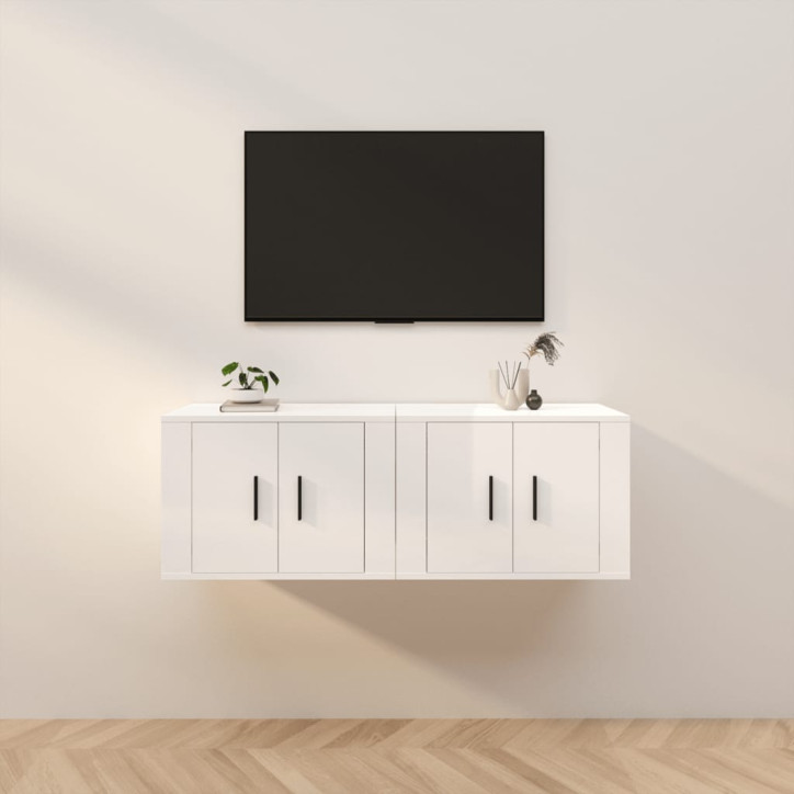 Sieninės TV spintelės, 2vnt., baltos, 57x34,5x40cm, blizgios