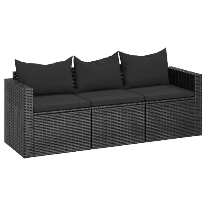 Trivietė sodo sofa su pagalvėlėmis, juodos spalvos, poliratanas