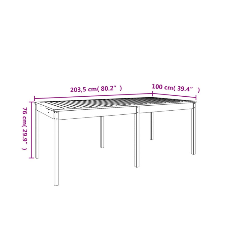 Sodo stalas, baltas, 203,5x100x76cm, pušies medienos masyvas