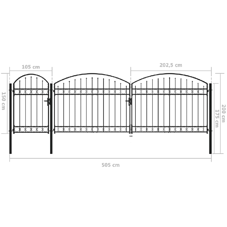 Sodo vartai su arkiniu viršumi, juodos spalvos, 2x5m, plienas