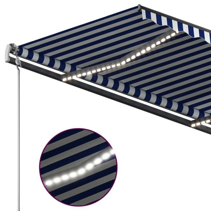 Automatinė markizė su LED/vėjo jutikliu, mėlyna/balta, 4,5x3m