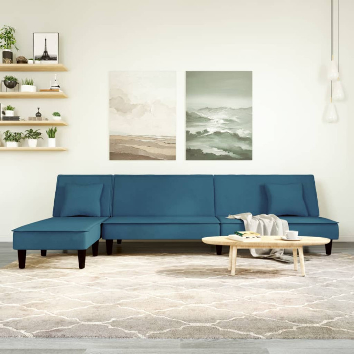 L formos sofa-lova, mėlynos spalvos, 255x140x70cm, aksomas