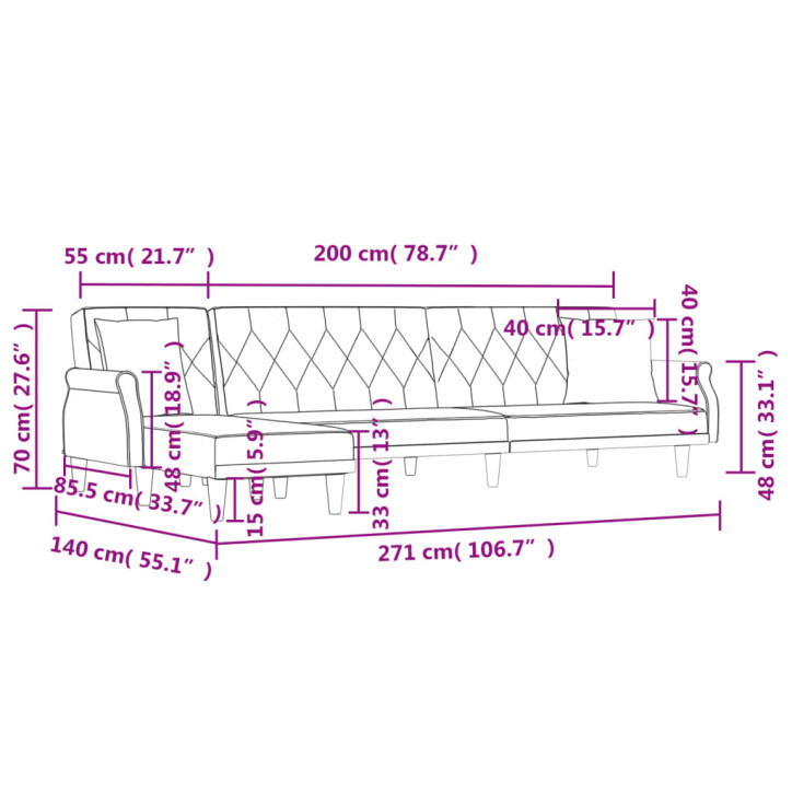 L formos sofa-lova, mėlynos spalvos, 271x140x70cm, aksomas