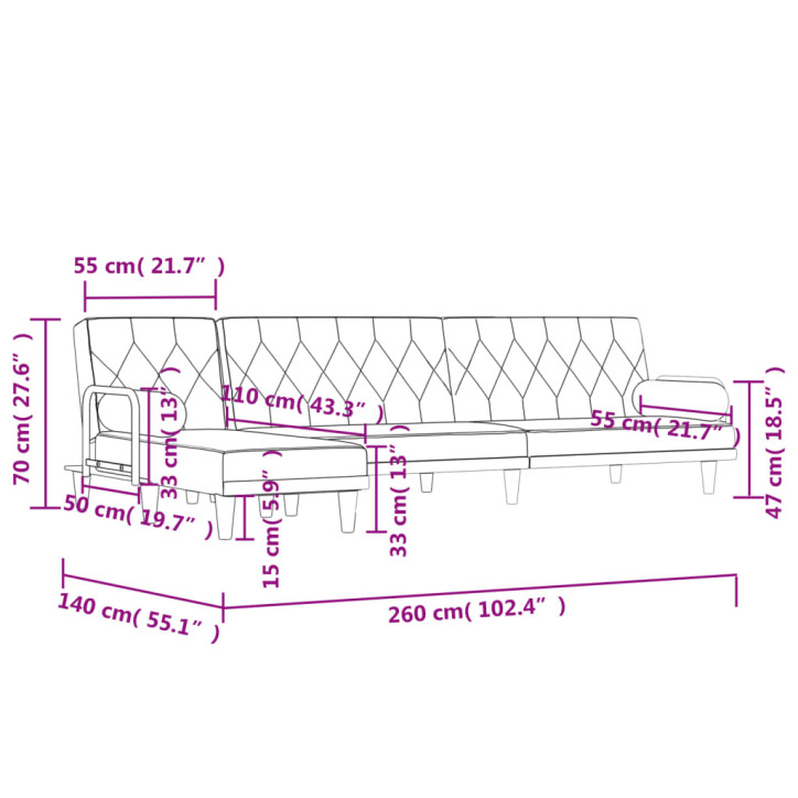 L formos sofa-lova, šviesiai pilka, 260x140x70cm, audinys