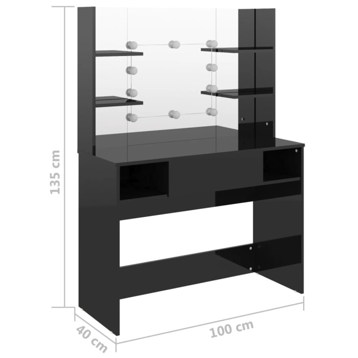 Kosmetinis staliukas su LED, blizgus juodas, 100x40x135cm, MDF