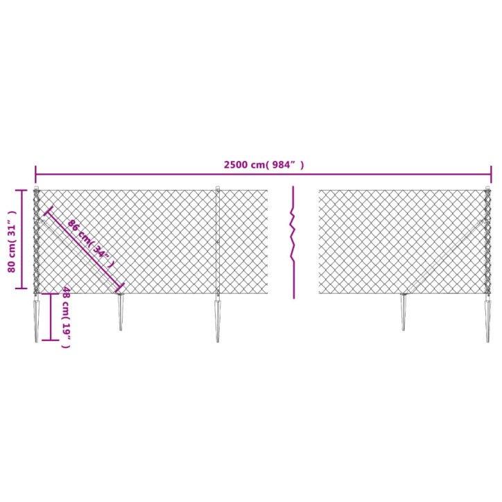 Tinklinė tvora su smaigais, sidabrinės spalvos, 0,8x25m