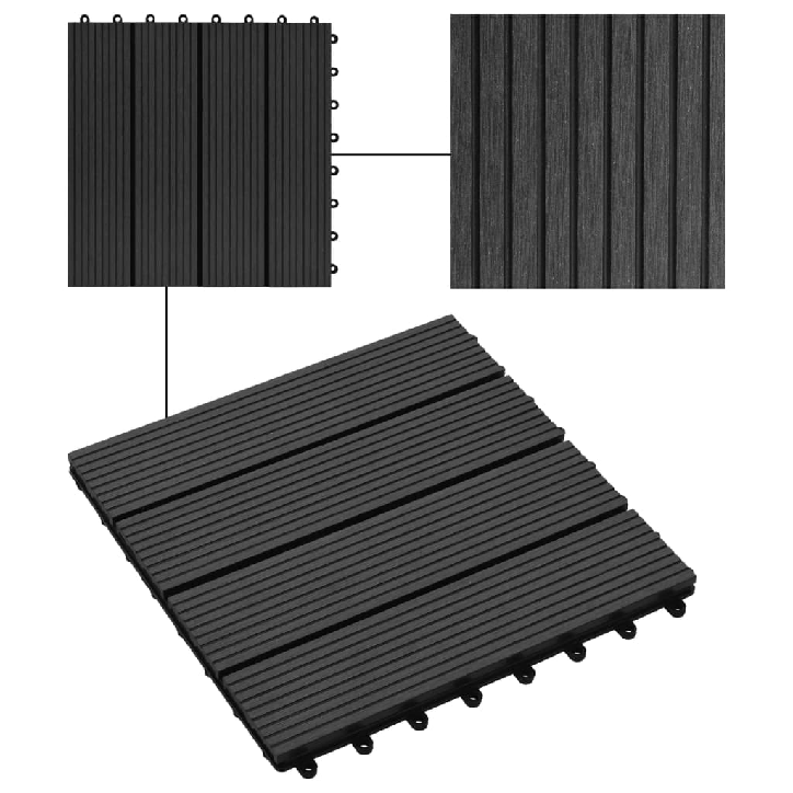 Grindų plytelės, 22 vnt., juodos sp., 30x30 cm, 2m², WPC