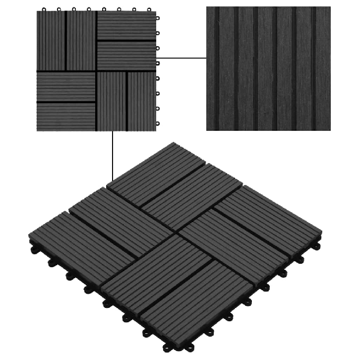 Grindų plytelės, 22 vnt., juodos sp., 30x30 cm, 2m², WPC