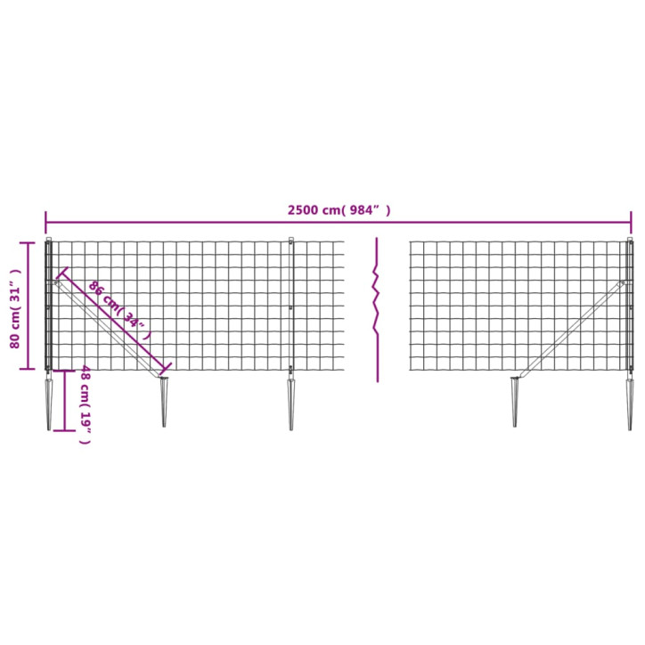 Vielinė tinklinė tvora su smaigais, antracito spalvos, 0,8x25m