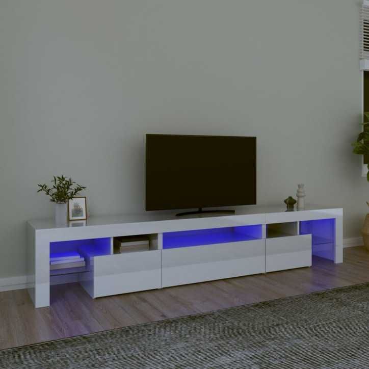 TV spintelė su LED apšvietimu, balta, 215x36,5x40cm, blizgi